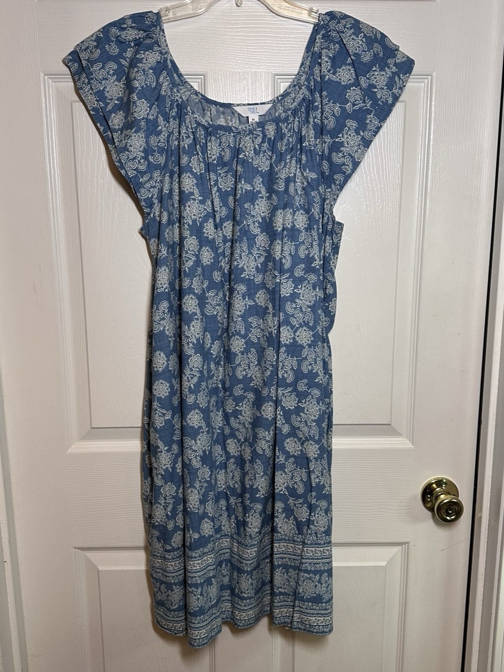 Time & Tru Swing Dress XL Flutter Sleeve Scoop Neck Pockets Blue Knee Length